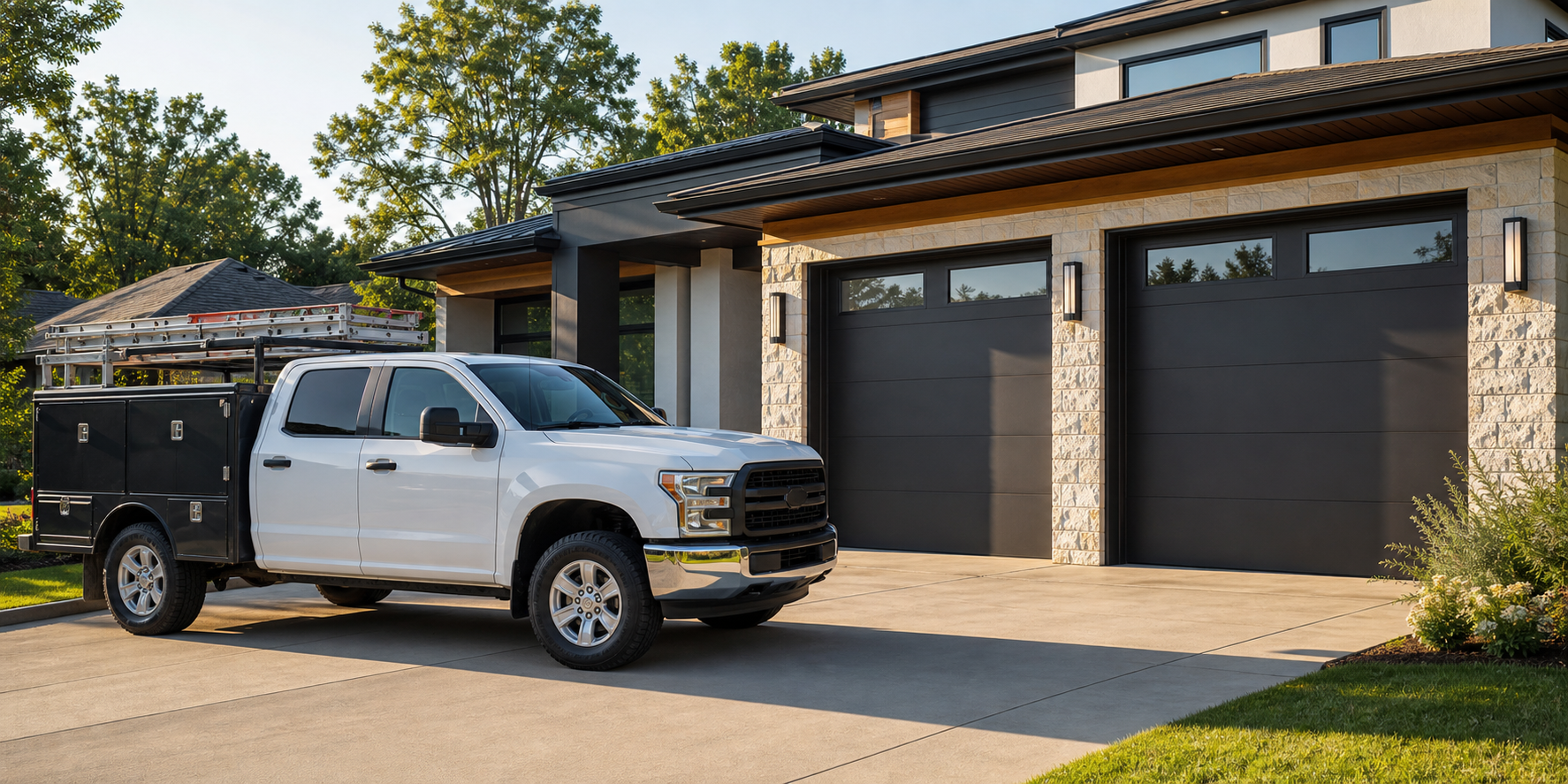 Garage door service truck outside a home